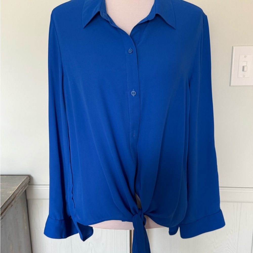 Chico’s Sheer Royal Blue Hi/Lo Button-Up Blouse w/Front Tie  NWT